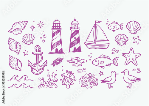 Hand Drawn Nautical and Sea Life Doodle Vector Illustration Set Featuring Lighthouse Sailboat Anchor Shells Fish and Coral Elements for Ocean Theme Branding Summer Beach Projects and Marine Design