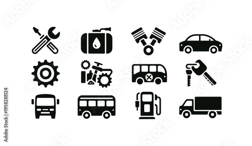 Vehicle types and auto parts icons for transportation services and repair maintenance business