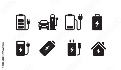Electric car charging station symbols for green energy transport and battery power icon set