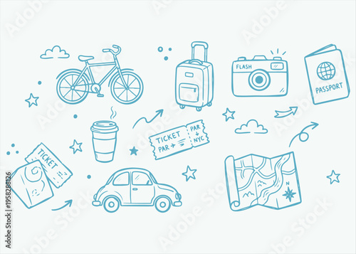 Hand Drawn Travel and Vacation Doodle Vector Illustration Set Featuring Bicycle Suitcase Camera Passport Car Map and Tickets for Tourism Branding Summer Trip Layouts and Creative Graphic Design