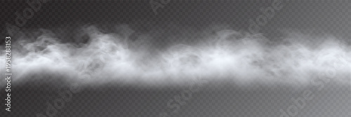 Fog, smoke, mist and steam on transparent background, panoramic view, vector design