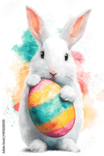 White rabbit holding colorful Easter egg, watercolor splash background. White rabbit holding a brightly striped Easter egg against a vibrant watercolor splash background