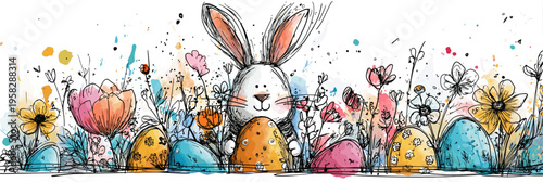 Easter bunny holding decorated eggs and spring flowers wallpaper. Whimsical Easter bunny holding colorful decorated eggs and spring flowers in hand-drawn doodle style