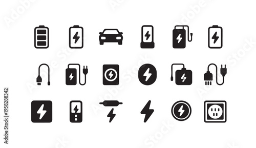 Set of black icons for electric vehicles and charging stations on white background