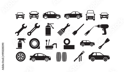 Set of black vector icons related to car repair and maintenance on white background