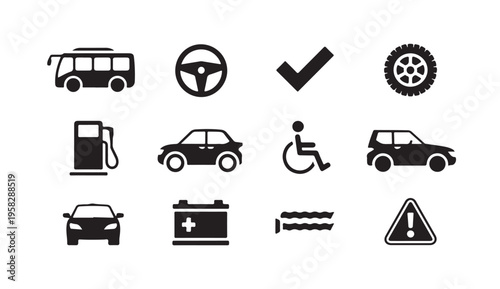 Set of black vector icons related to transportation and car service on white background