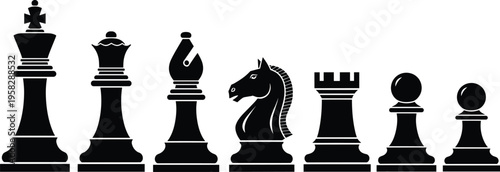 Black chess pieces silhouette set isolated on white background, king, queen, bishop, knight, rook, pawn, strategy game, classic board illustration