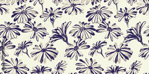 Seamless pattern with hand drawn wildflowers in expressive blue sketch style on a light beige background. Decorative botanical texture ideal for textiles, wallpaper, packaging, stationery,