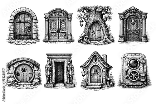 Vintage door collection in black and white engraved illustration style with gothic fantasy antique and ornate entrance designs
