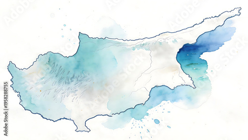 Watercolor sketch of Cyprus map, hand-painted Mediterranean island silhouette, artistic travel illustration on textured paper.