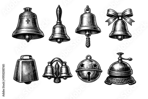 Vintage bell collection in black and white engraved illustration style with church bell desk bell handbell and jingle bell set