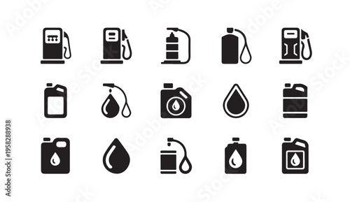 Fuel pump nozzles and oil cans solid black icons set, gas station and lubricants