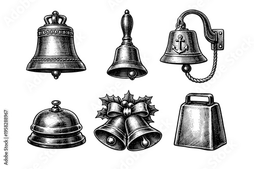 Vintage bell collection in black and white engraved illustration style with church bell desk bell handbell and jingle bell set