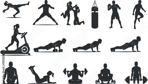 Black silhouettes of people exercising isolated on transparent background