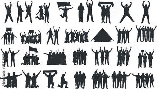 Collection of black silhouettes of people celebrating isolated on transparent background