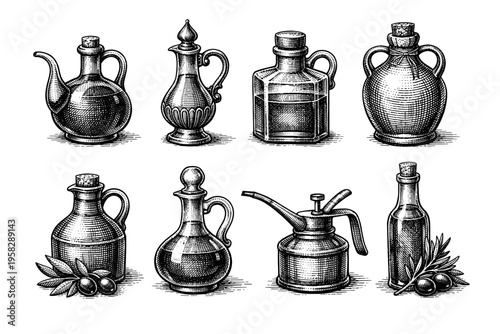 Vintage oil bottle collection in black and white engraved illustration style with olive oil cruets and decorative glass containers