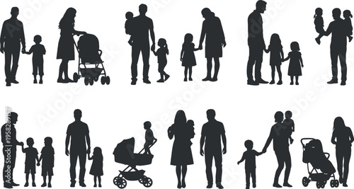 Silhouettes of diverse family units and individuals isolated on transparent background