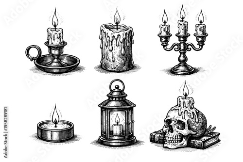 Vintage candle collection in black and white engraved illustration style with lantern candelabra skull candle and gothic wax decor