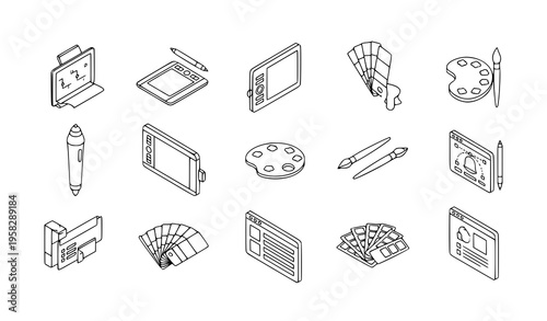 Isometric digital art icons painting tools outline vector illustration set