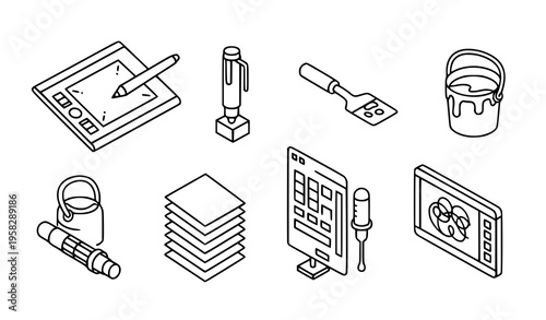 Isometric digital painting workflow icons creative tools vector illustration
