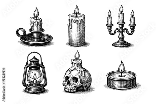 Vintage candle collection in black and white engraved illustration style with lantern candelabra skull candle and gothic wax decor