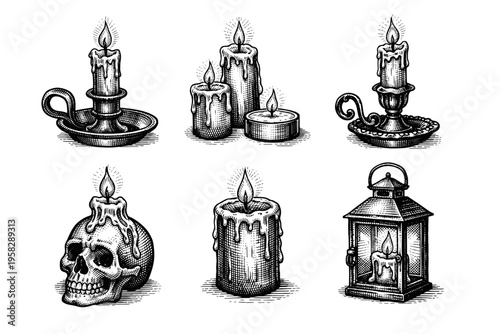 Vintage candle collection in black and white engraved illustration style with lantern candelabra skull candle and gothic wax decor