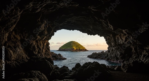 Dramatic Cave Archway Framing Lush Island in Tranquil Ocean Waterscape