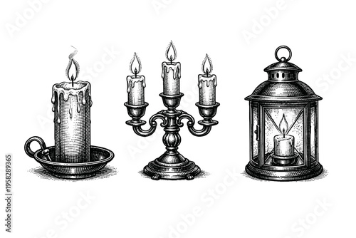 Vintage candle collection in black and white engraved illustration style with lantern candelabra skull candle and gothic wax decor
