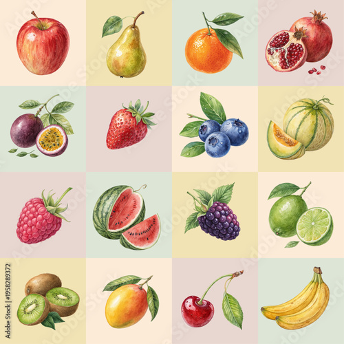 Watercolor fruit collection set with organic farm products