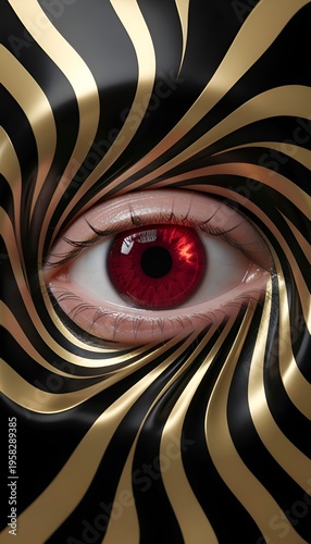 A hypnotic optical illusion featuring a realistic human eye at the center, with a glowing deep crimson iris and dark pupil, showcasing an intense. 