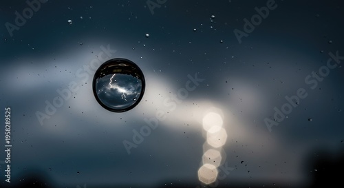 Dramatic Lightning Reflected in a Water Droplet, Stormy Sky Backdrop.