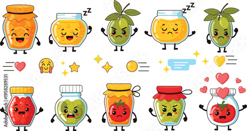 Cute jam jar characters set with fruit flavors and emotions, cartoon food mascots showing happy and angry expressions, playful vector illustration for kids design