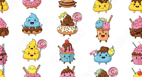 Cute dessert seamless pattern with donuts, cupcakes and ice cream characters, colorful sweet treats background for kids, playful cartoon food vector illustration