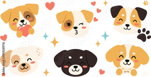 Cute puppy faces set with different expressions, cartoon dog heads with love and happy emotions, adorable pet characters vector illustration for kids design