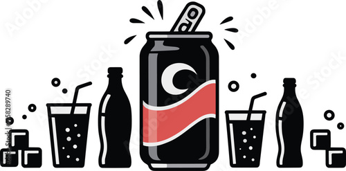 Minimalist Soda Can Illustration with Bold Red Accent. Modern Pop Art Soft Drink Can Vector Design.