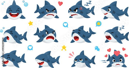Cute shark characters set with different emotions and expressions, cartoon ocean animals showing happy, angry and sleeping moods, playful marine vector illustration