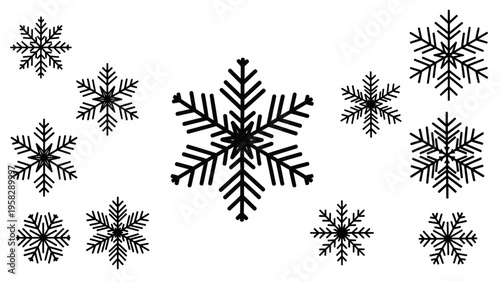 Black and white snowflake silhouettes on white background winter season