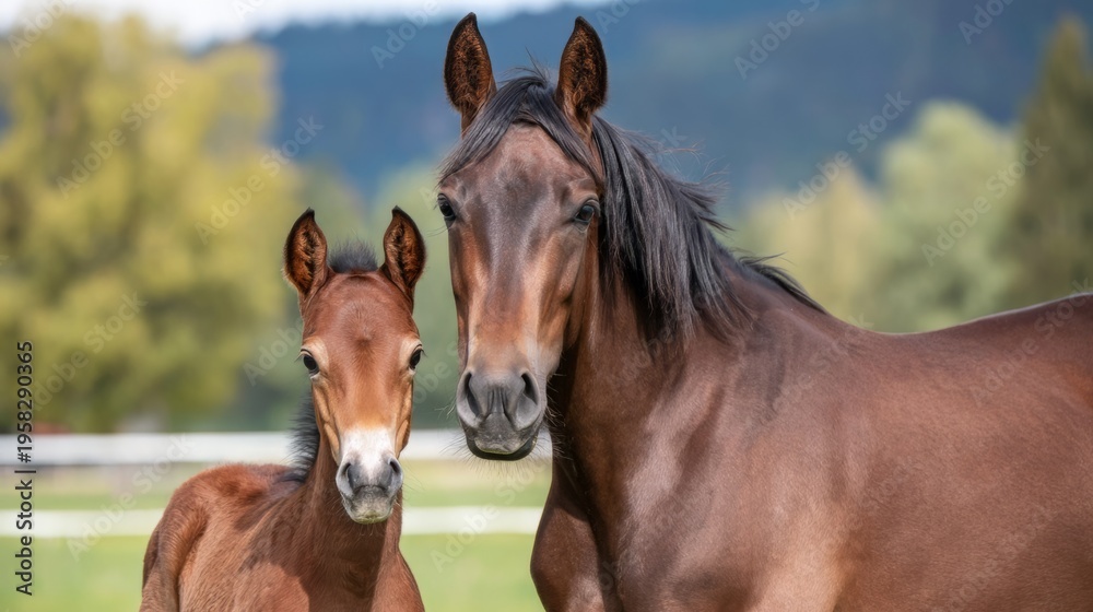 Fototapeta premium Brown mare with young foal standing in a green field. Portrait of a mother horse and her baby animal. Concept of animal love, family care, nature, equestrian breeding and rural life.
