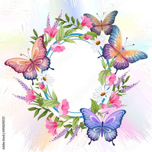 Butterflies and flowers in the frame decor.Vector illustration with butterflies and flowers in an oval frame decor on a multicolored abstract background.