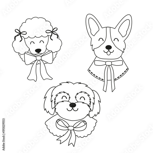 outline set of isolated dogs with a bow