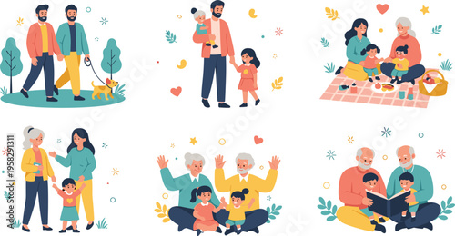 Happy family moments set with parents, children and grandparents, bonding activities and outdoor leisure scenes, lifestyle love and care vector illustration collection