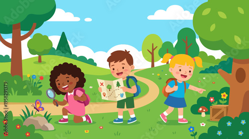 Children Walking on a Path Outdoors.