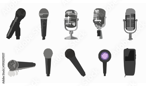 Microphone 3D vector pack with vocal stage and vintage audio equipment
