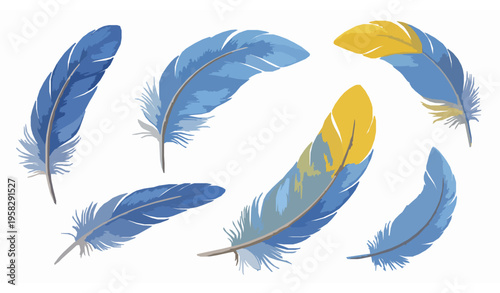 3D feather collection vector with colorful blue and yellow plumage