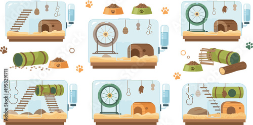 Hamster cage habitat set with tunnels, wheel and accessories, pet rodent home environment collection for small animal care vector illustration