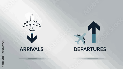 Arrivals and departures vector illustration of airplanes and arrows on a light background