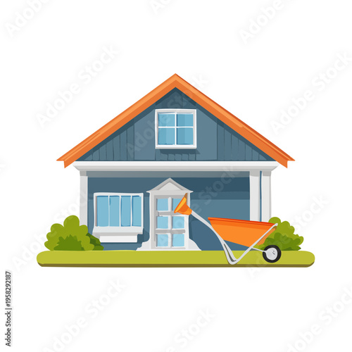 Charming Blue House with Orange Roof and Wheelbarrow in Garden