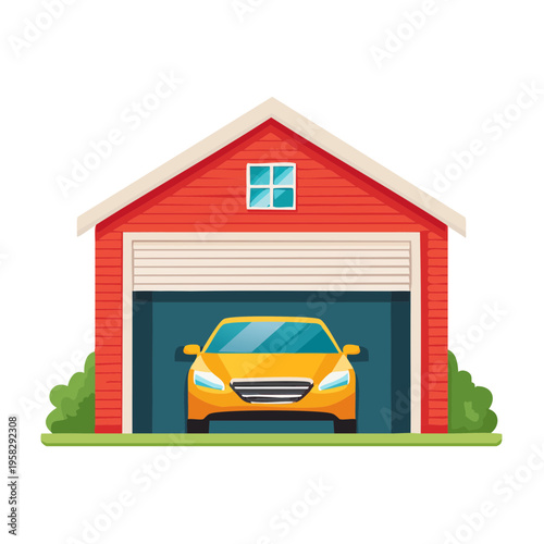 Bright yellow car parked inside a red detached garage with a closed roll-up door and side landscaping