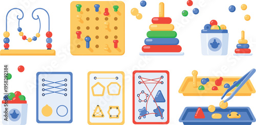 Kids fine motor skills toys set with bead maze pegboard stacking rings and sorting games educational cartoon vector illustration collection