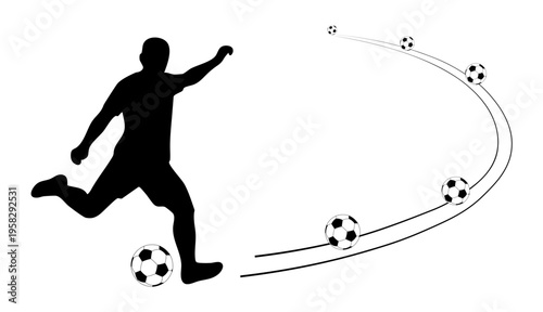 Soccer player kicking ball with flight trajectory